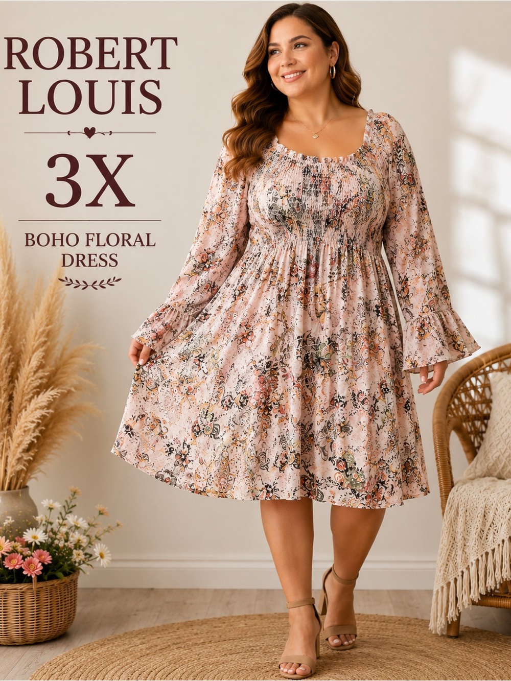 Robert Louis 3X Floral Paisley Smocked Boho Peasant Dress Plus Size